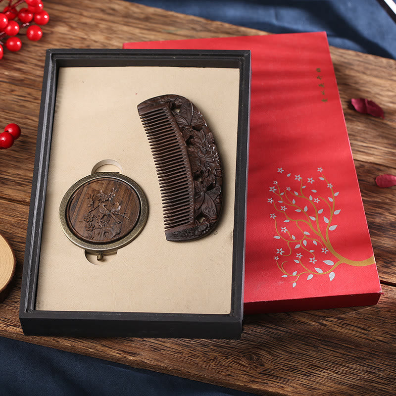 Buddha Stones Natural Green Sandalwood Rosewood Lotus Flower Peacock Butterfly Engraved Soothing Comb