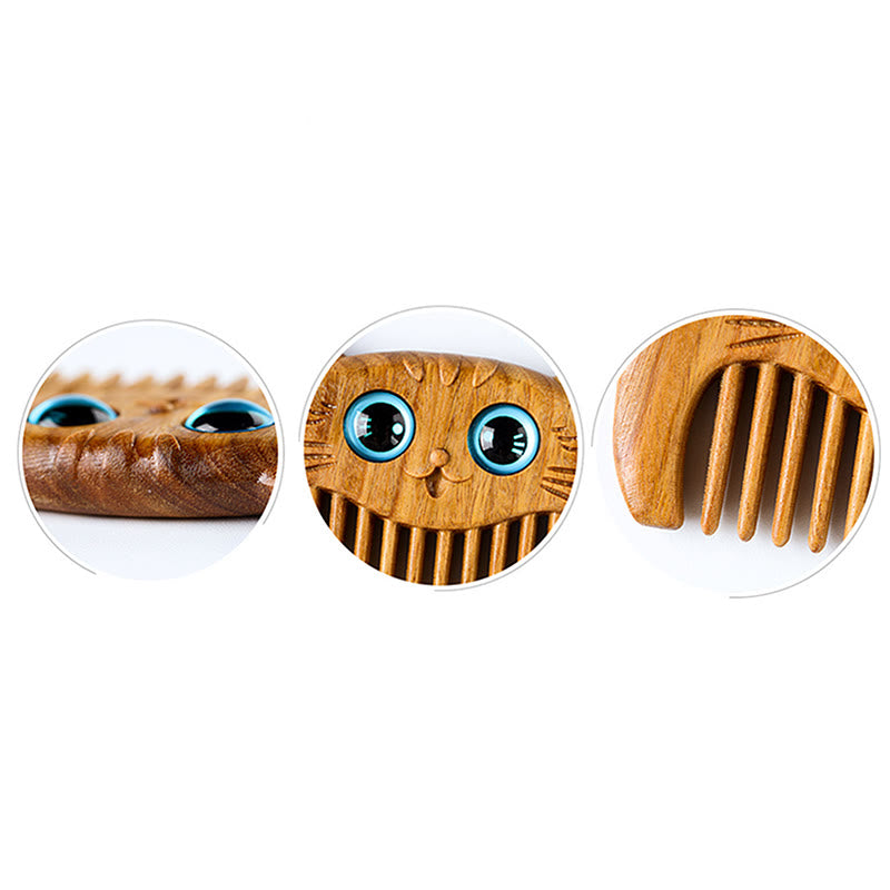 Buddha Stones Simple Cat Pattern Green Sandalwood Cure Portable Comb