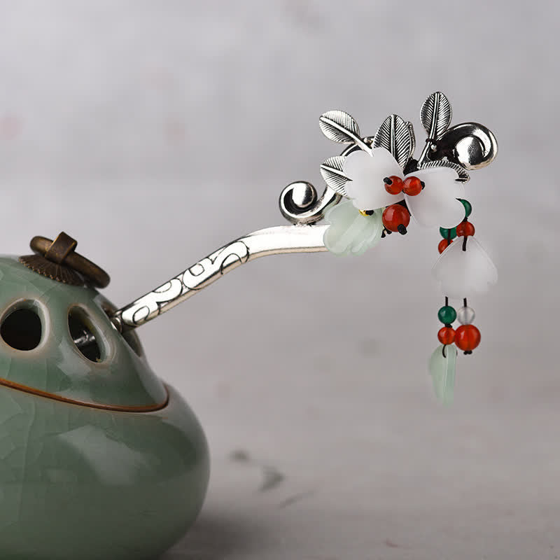 Buddha Stones Red Agate Flower Leaf Calm Confidence Tassel Hairpin