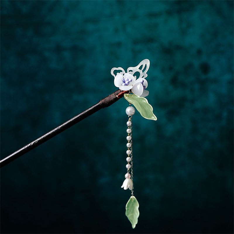 Buddha Stones Pearl Flower Leaf Butterfly Happiness Hairpin