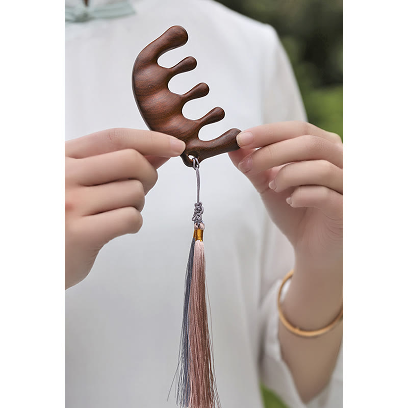 Buddha Stones Simple Green Sandalwood Soothing Tassel Massage Comb