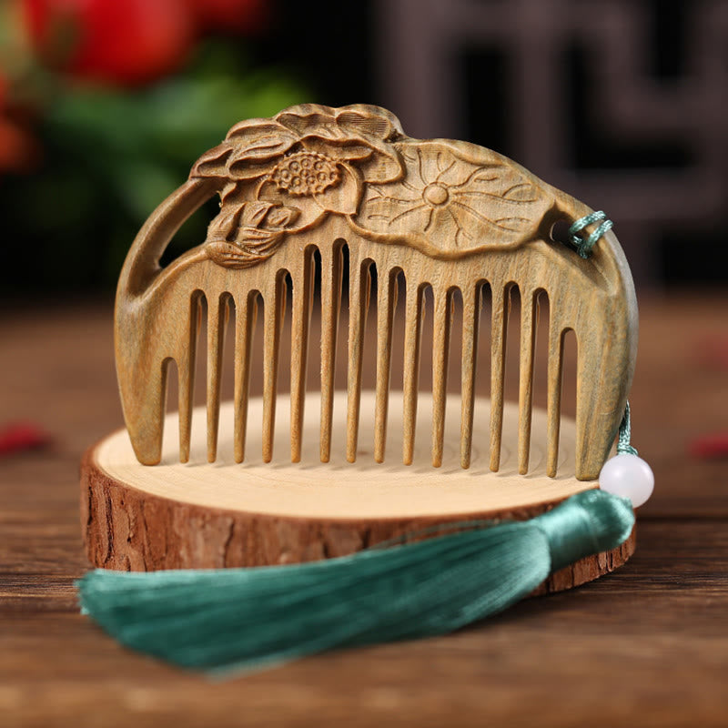 Buddha Stones Green Sandalwood Fox Peony Flower Lotus Engraved Cure Tassel Comb
