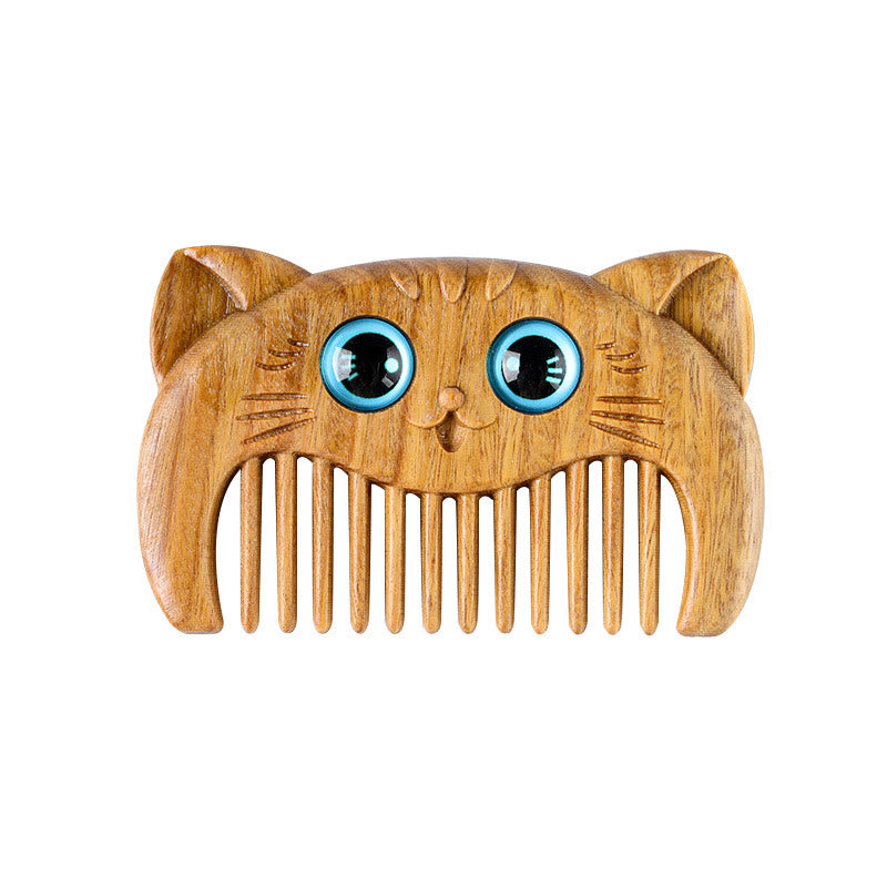 Buddha Stones Simple Cat Pattern Green Sandalwood Cure Portable Comb