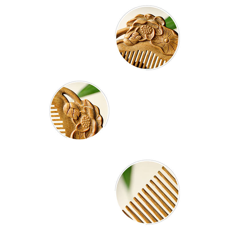 Buddha Stones Natural Green Sandalwood Lotus Flower Leaf Engraved Soothing Comb
