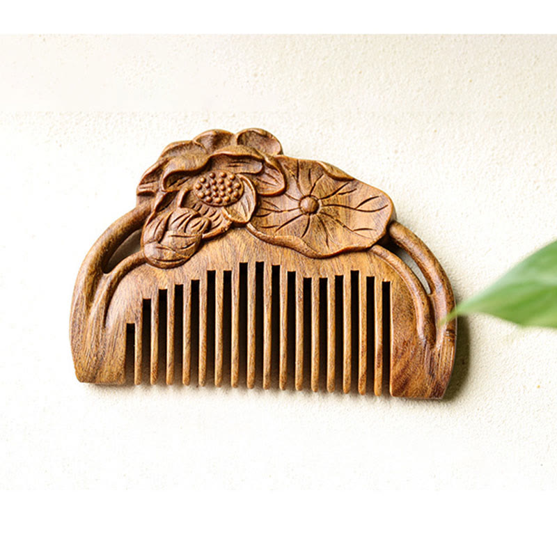 Buddha Stones Natural Green Sandalwood Lotus Flower Leaf Engraved Soothing Comb
