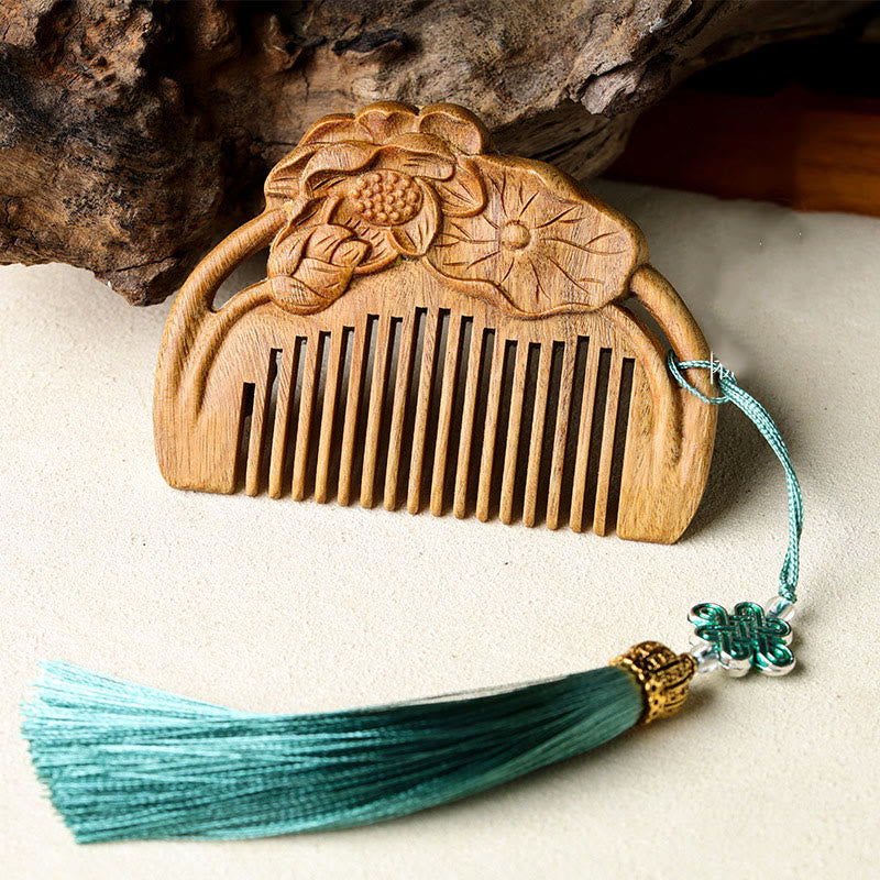 Buddha Stones Natural Green Sandalwood Lotus Flower Leaf Engraved Soothing Comb