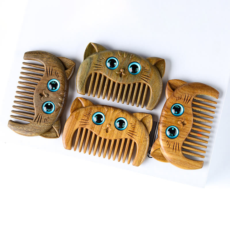 Buddha Stones Simple Cat Pattern Green Sandalwood Cure Portable Comb