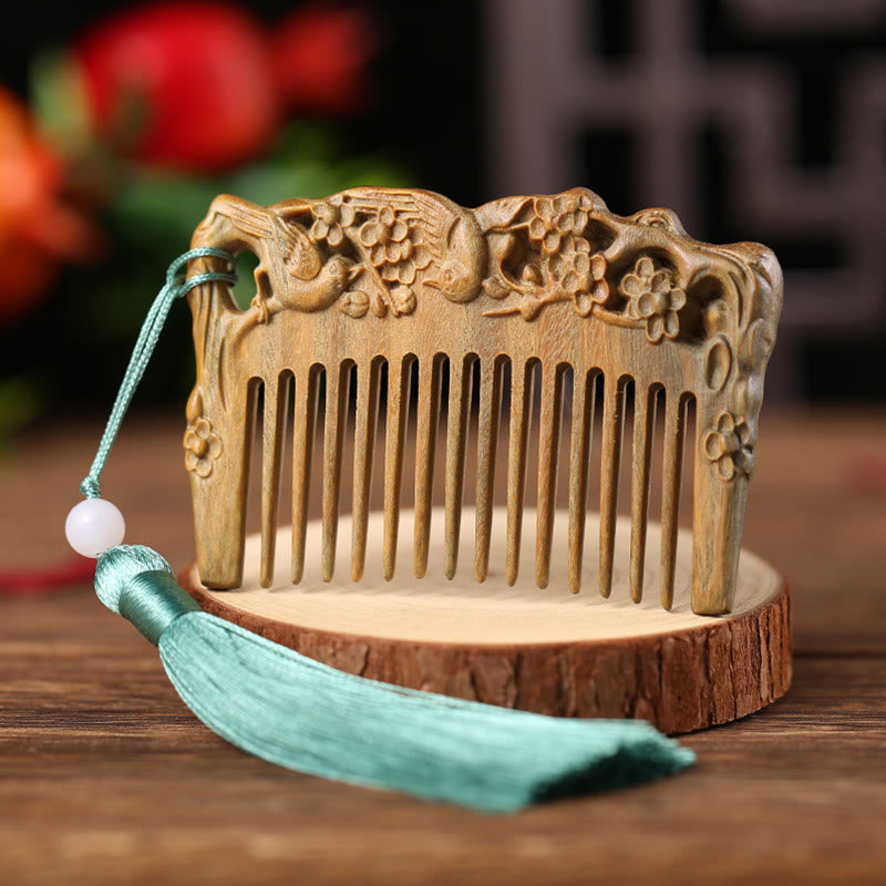 Buddha Stones Green Sandalwood Fox Peony Flower Lotus Engraved Cure Tassel Comb