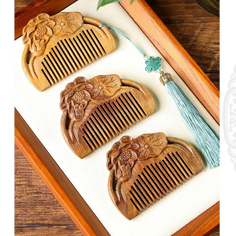 Buddha Stones Natural Green Sandalwood Lotus Flower Leaf Engraved Soothing Comb