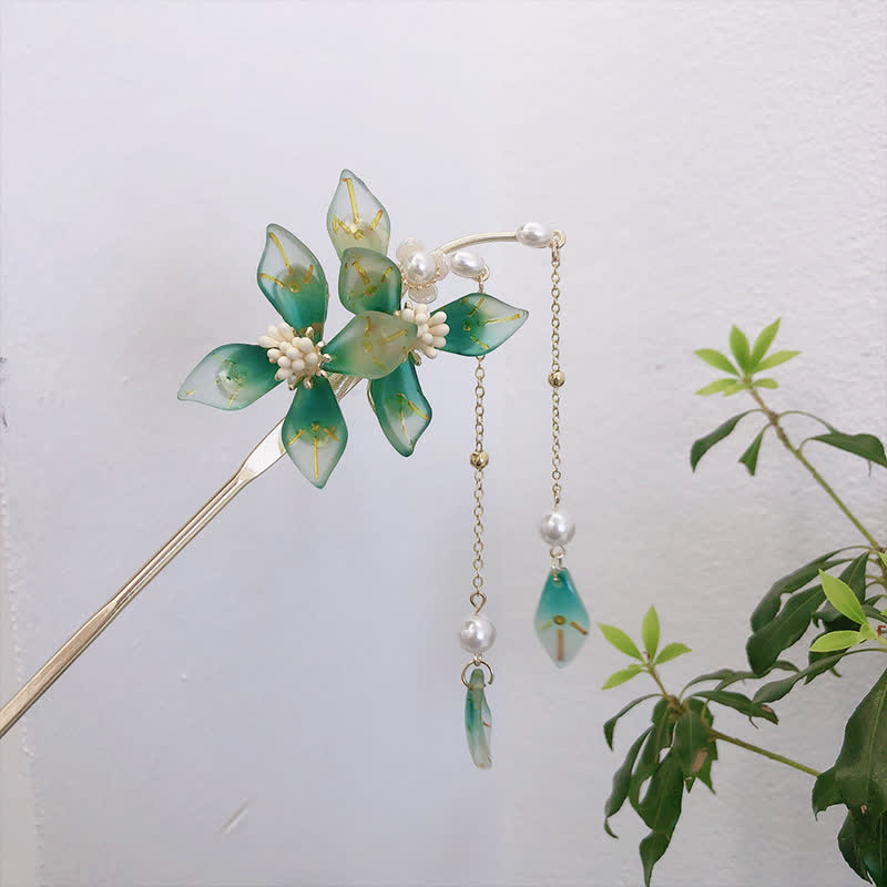 Buddha Stones Flower Leaf Pearl Peace Tassel Hairpin