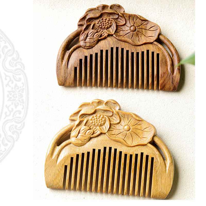Buddha Stones Natural Green Sandalwood Lotus Flower Leaf Engraved Soothing Comb