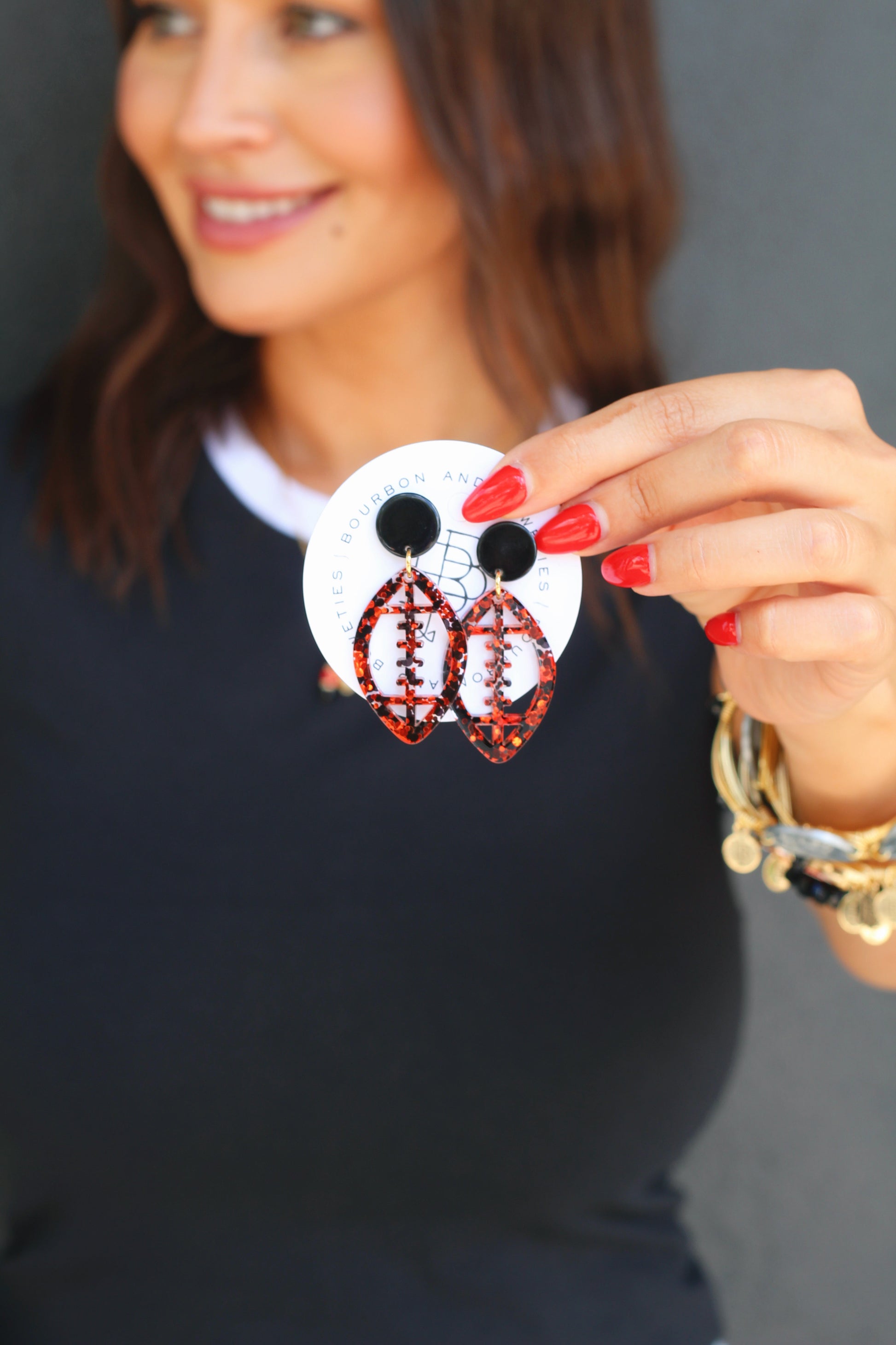 Acrylic Football Earring - Black + Red Glitter