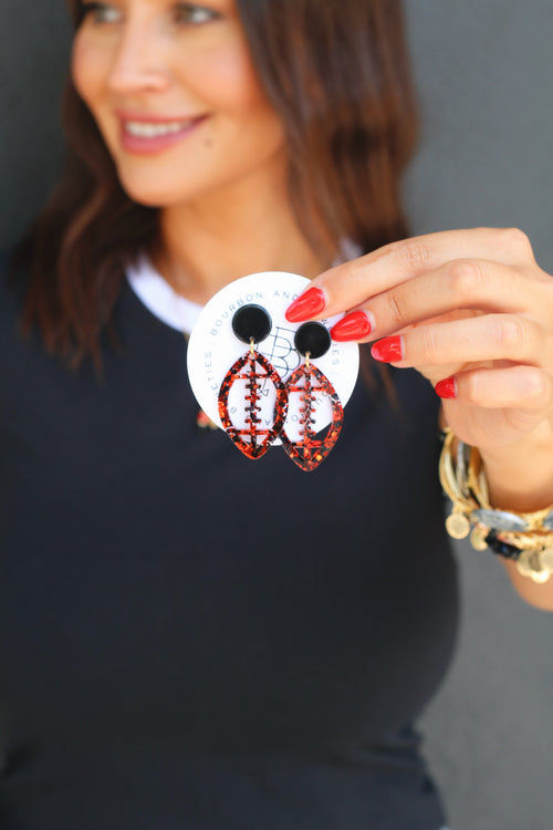 Acrylic Football Earring - Black + Red Glitter