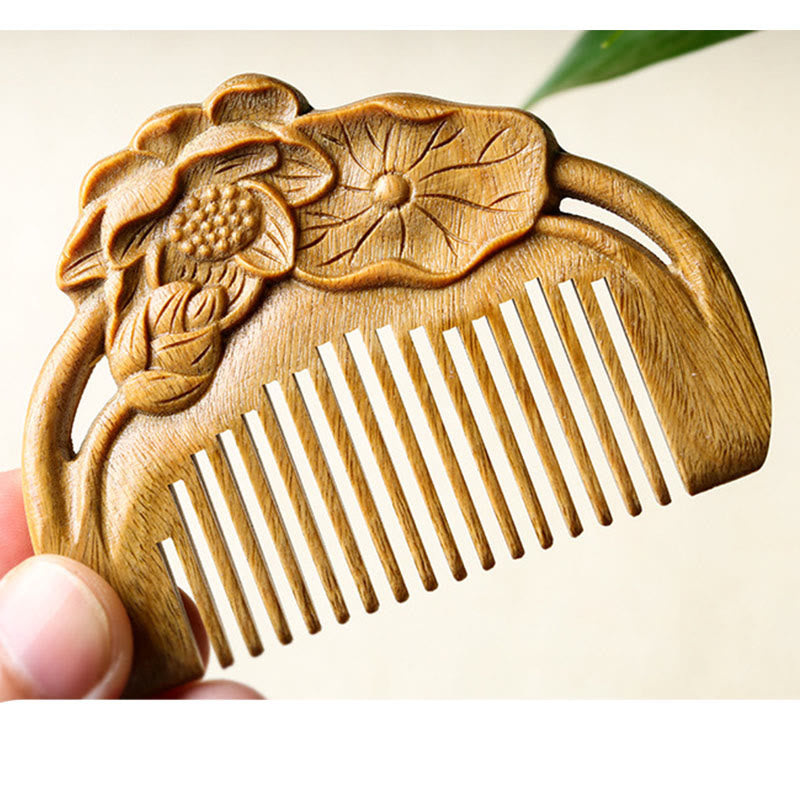 Buddha Stones Natural Green Sandalwood Lotus Flower Leaf Engraved Soothing Comb