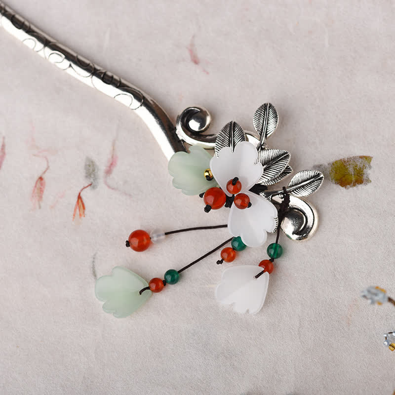 Buddha Stones Red Agate Flower Leaf Calm Confidence Tassel Hairpin