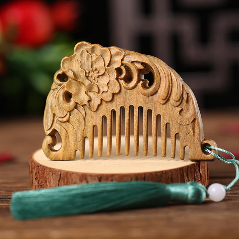Buddha Stones Green Sandalwood Fox Peony Flower Lotus Engraved Cure Tassel Comb