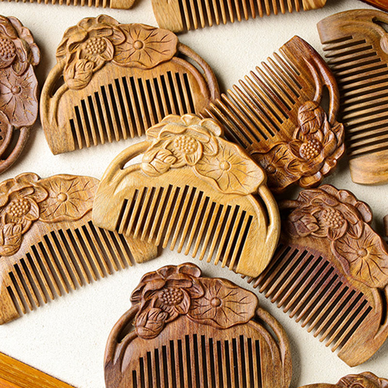 Buddha Stones Natural Green Sandalwood Lotus Flower Leaf Engraved Soothing Comb