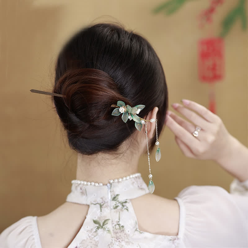 Buddha Stones Flower Leaf Pearl Peace Tassel Hairpin