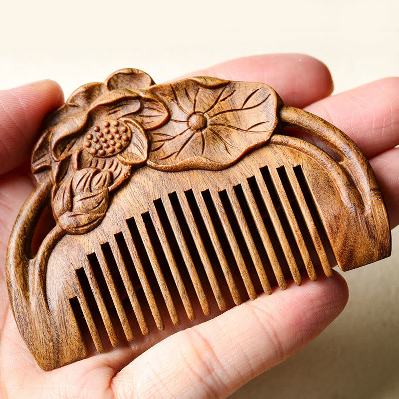 Buddha Stones Natural Green Sandalwood Lotus Flower Leaf Engraved Soothing Comb
