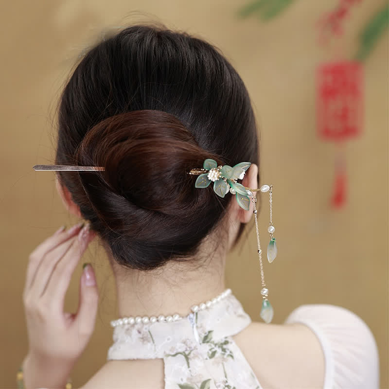 Buddha Stones Flower Leaf Pearl Peace Tassel Hairpin