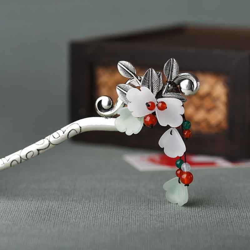 Buddha Stones Red Agate Flower Leaf Calm Confidence Tassel Hairpin