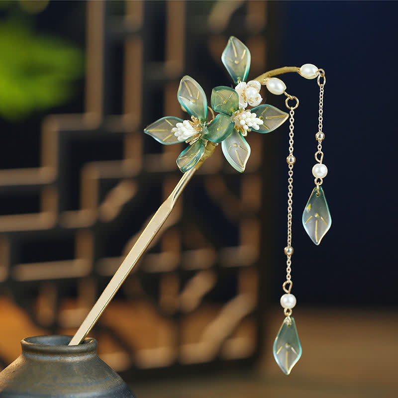 Buddha Stones Flower Leaf Pearl Peace Tassel Hairpin