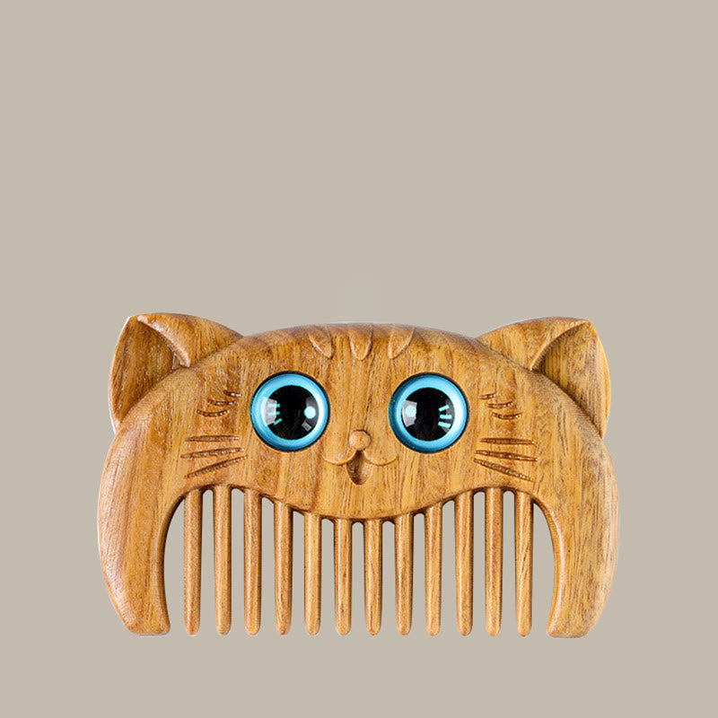 Buddha Stones Simple Cat Pattern Green Sandalwood Cure Portable Comb
