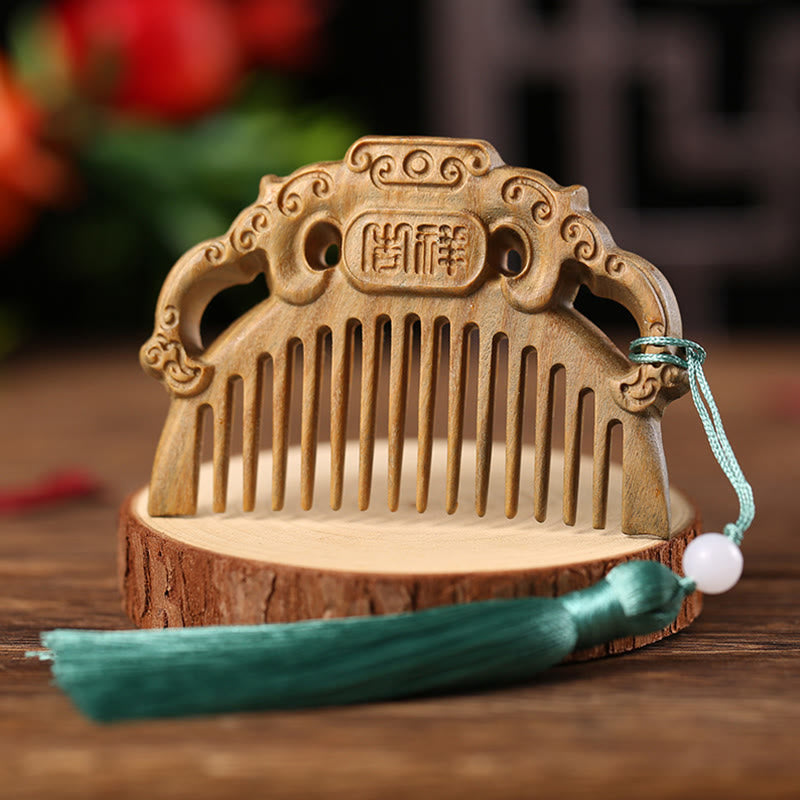 Buddha Stones Green Sandalwood Fox Peony Flower Lotus Engraved Cure Tassel Comb
