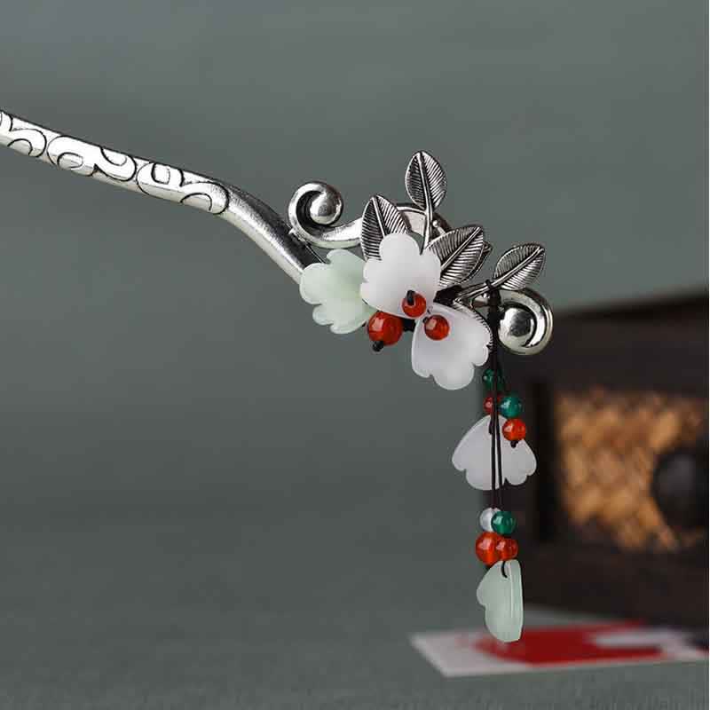 Buddha Stones Red Agate Flower Leaf Calm Confidence Tassel Hairpin