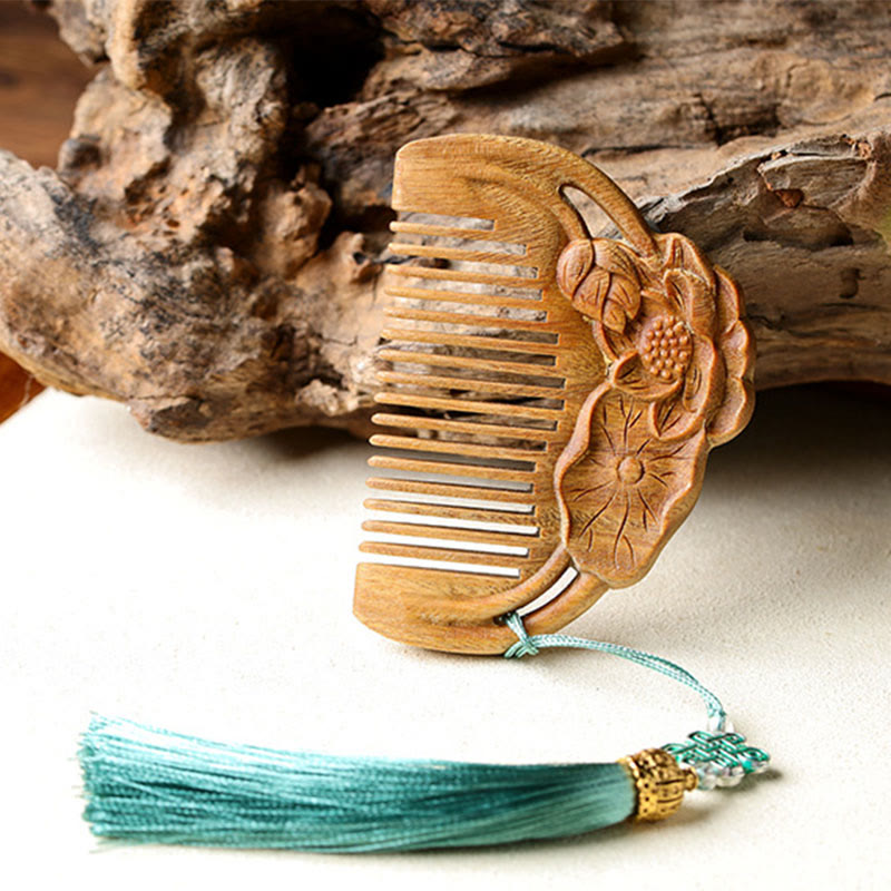 Buddha Stones Natural Green Sandalwood Lotus Flower Leaf Engraved Soothing Comb
