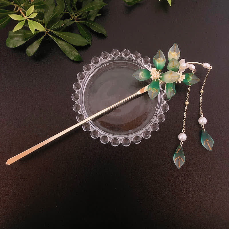 Buddha Stones Flower Leaf Pearl Peace Tassel Hairpin