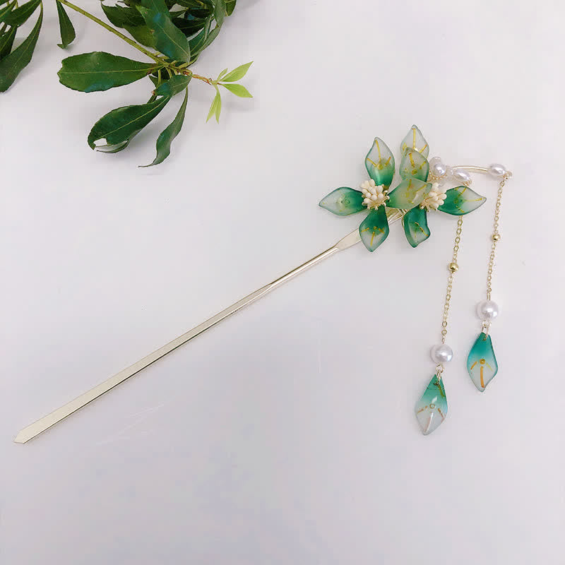 Buddha Stones Flower Leaf Pearl Peace Tassel Hairpin