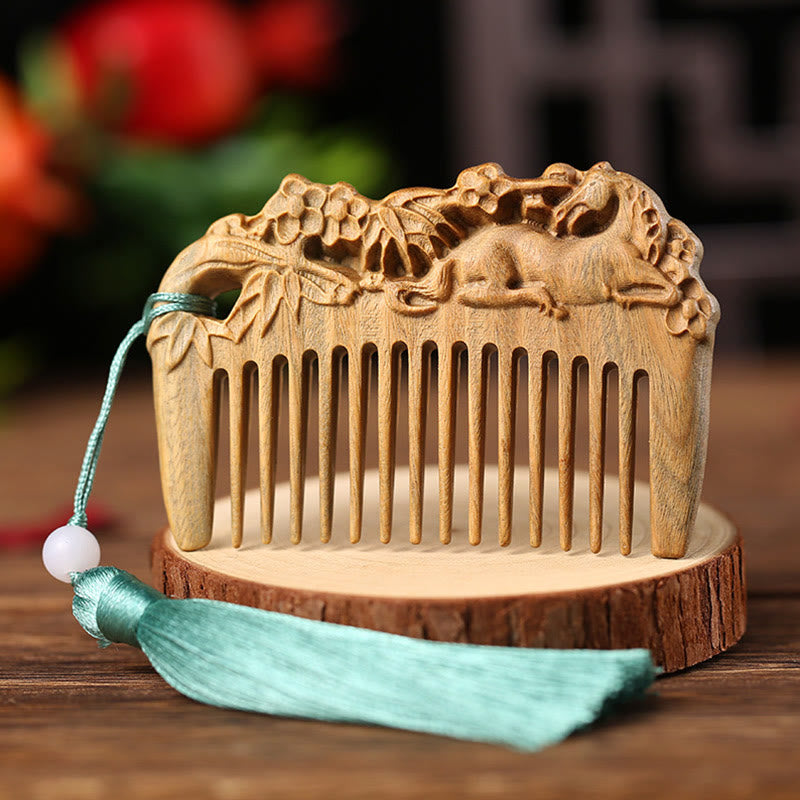 Buddha Stones Green Sandalwood Fox Peony Flower Lotus Engraved Cure Tassel Comb