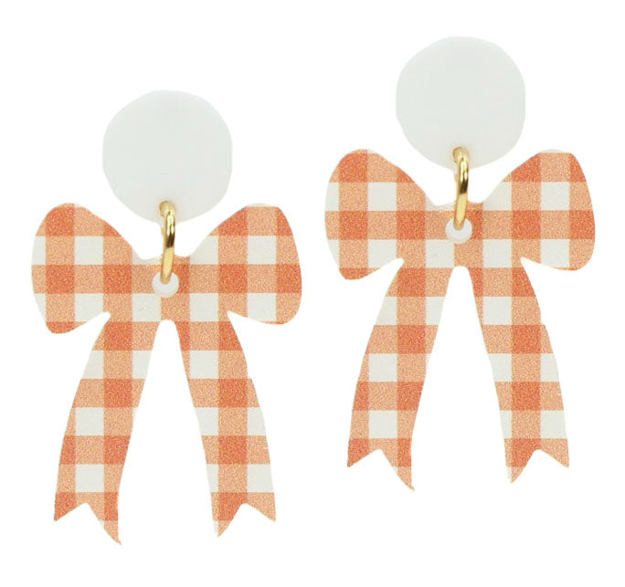 Gameday Bow Earring - Orange + White Checkered
